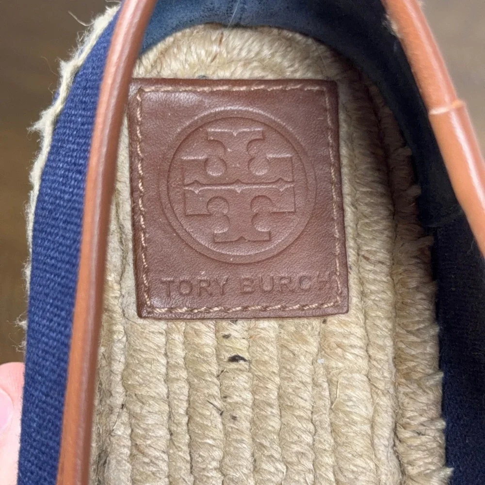 Tory Burch Espadrilles Womens 8 Navy Blue Maritime Flats Canvas Anchor Nautical